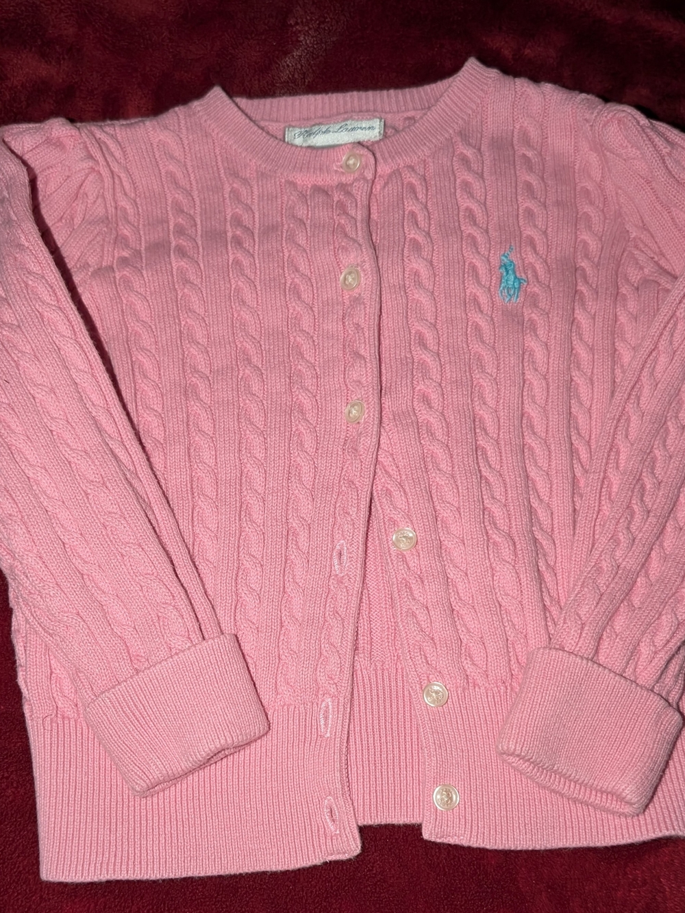 Ralph Lauren Baby Pink Cable-Knit Button Cardigan with Blue Polo Logo